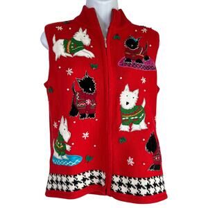 Vintage Scottie Dog Christmas Sweater Vest Red Size Medium Holiday Comfy